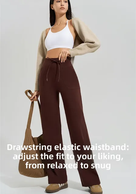 Women's High Waist Stretch Yoga Pants with Pockets Drawstring Quick Dry Loose Running Pants Gym Outdoor Training Wide Leg Pants 2