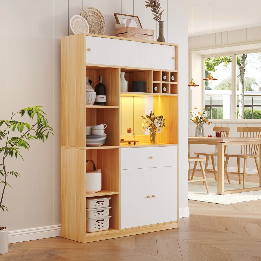 PINGGO Multifunktionaler Küchenschrank mit LED-Beleuchtung im Buffet-Stil 3-Türiger Stauraum für Mikrowelle und Besteck Naturfarben – Detail 10