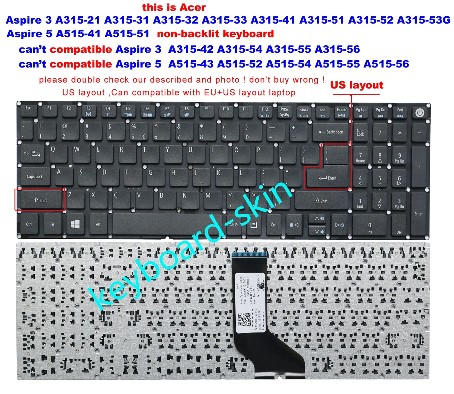 

New US No-backlit keyboard For Acer Aspire 3 A315-21 A315-31 A315-32 A315-41 A315-51 A315-52 A315-53G,Aspire 5 A515-51 A515-51G