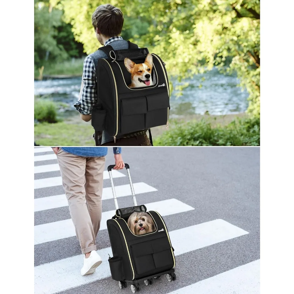 

Pecute Rolling Pet Carrier, Collapsible Pet Carrier Backpack with Detachable Trolley