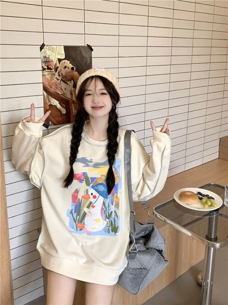 Y2k Kawaii Cute Duck Print O Neck Hoodies Spring Patchwork Women Long Sleeve Tops Japanese Sweet Contrast Color Sweatshirts