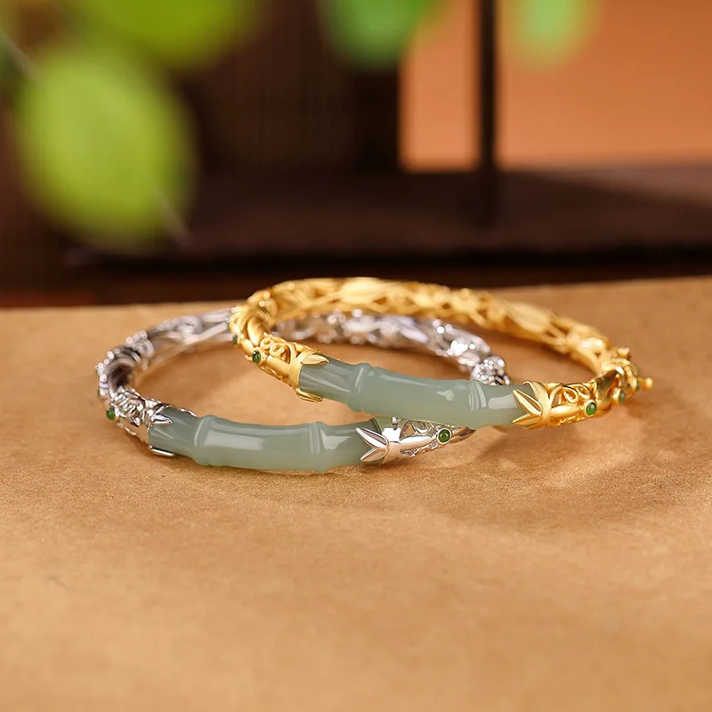 New Fashion Gold-plated Hetian Jade Compound Bracelet Beaded Beads Bamboo Bangle Bracelet for Women Girls Jewelry Gifts 5