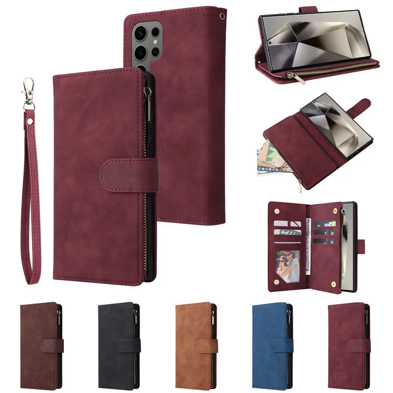 Leather Zipper Purse Flip Wallet Phone Case with Multi-Card Slots