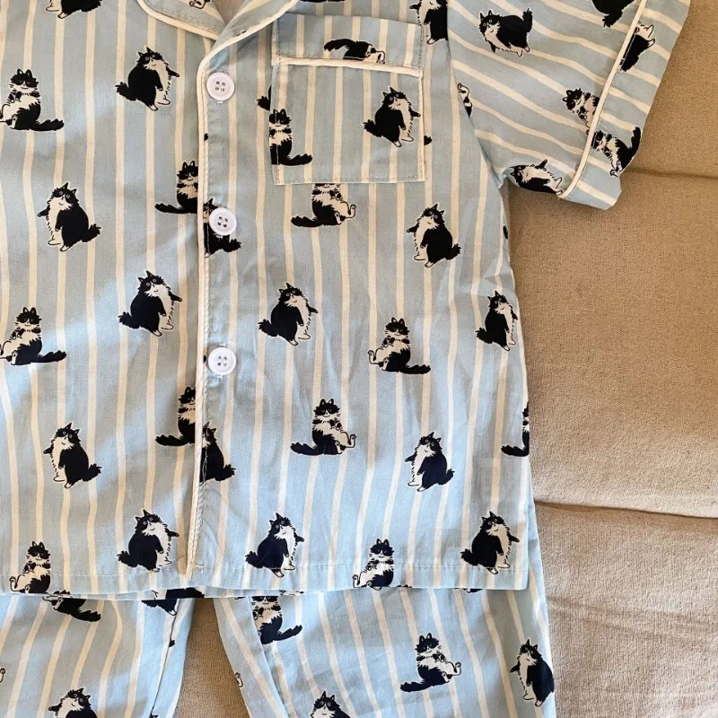 Children's Pajamas Summer 1-8Y Home Clothing Set Thin Pure Cotton Boys Lapel Top Pants 2Pcs Suit Girls Cartoon Printed Sleepwear