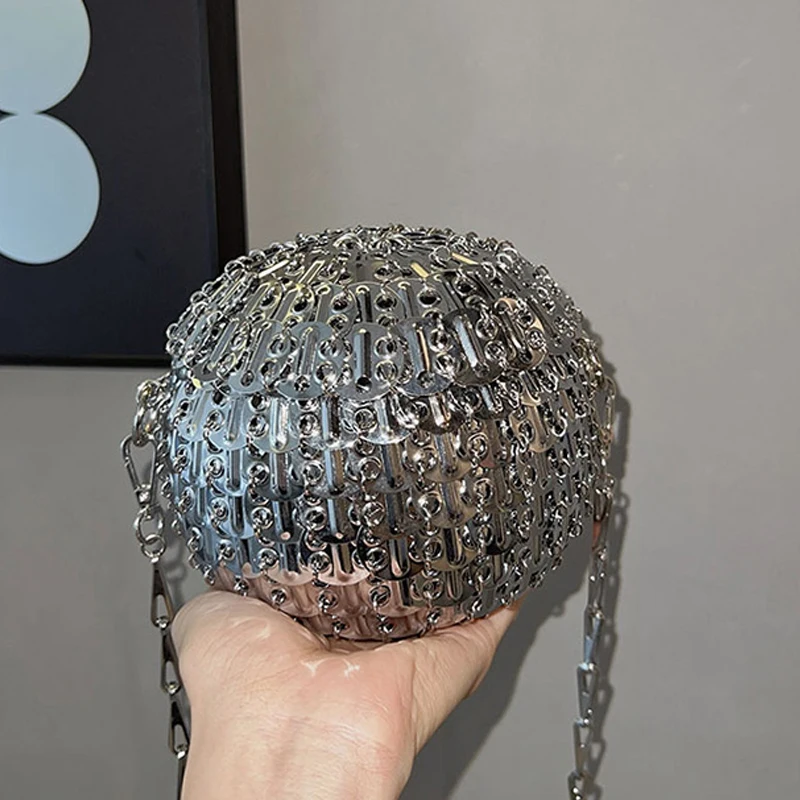 

Circular Metallic Evening Party Bags For Women Luxury Designer Handbag Purses 2023 New Fashion Chain Sequins Shoulder Crossbody