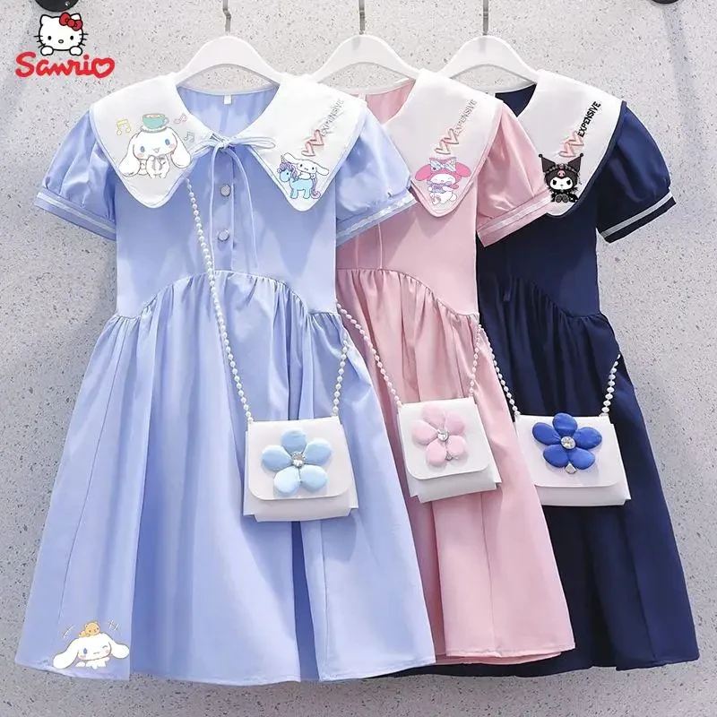 

Kawaii Sanrio My Melody Cinnamoroll Kuromi детское платье принцессы Летняя юбка для маленьких девочек платье с коротким рукавом и воротником