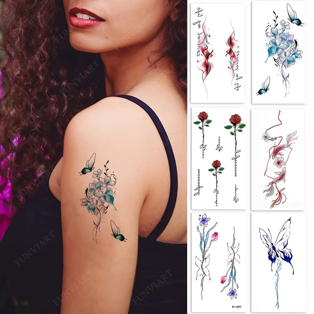Autocollants de tatouage temporaire imperméables pour femmes, fleur de  poulet, papillon, ligne de poisson, lettrage, faux tatouage, main, bras,  corps - AliExpress