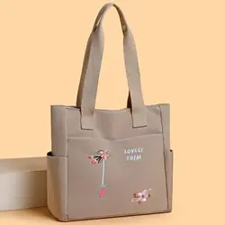 Women's Embroidered Oxford Cloth Tote Bag - Large Capacity, Multi - Pocket Shoulder Handbag (Khaki)