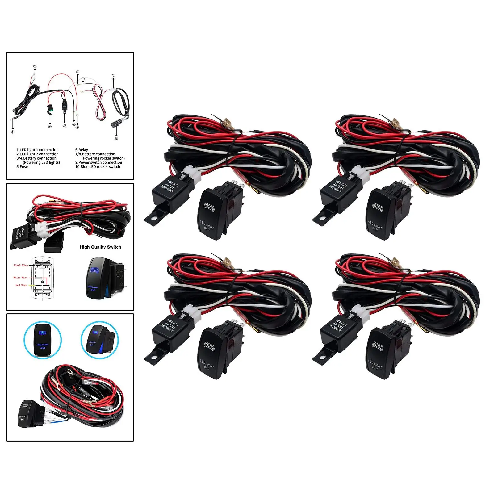 LED Work Light Switch Wiring Harness, 40A, Relay Fuse Kit, Led Bar Rocker Switch Wiring Harness for Bus ,Yacht ,Trailer