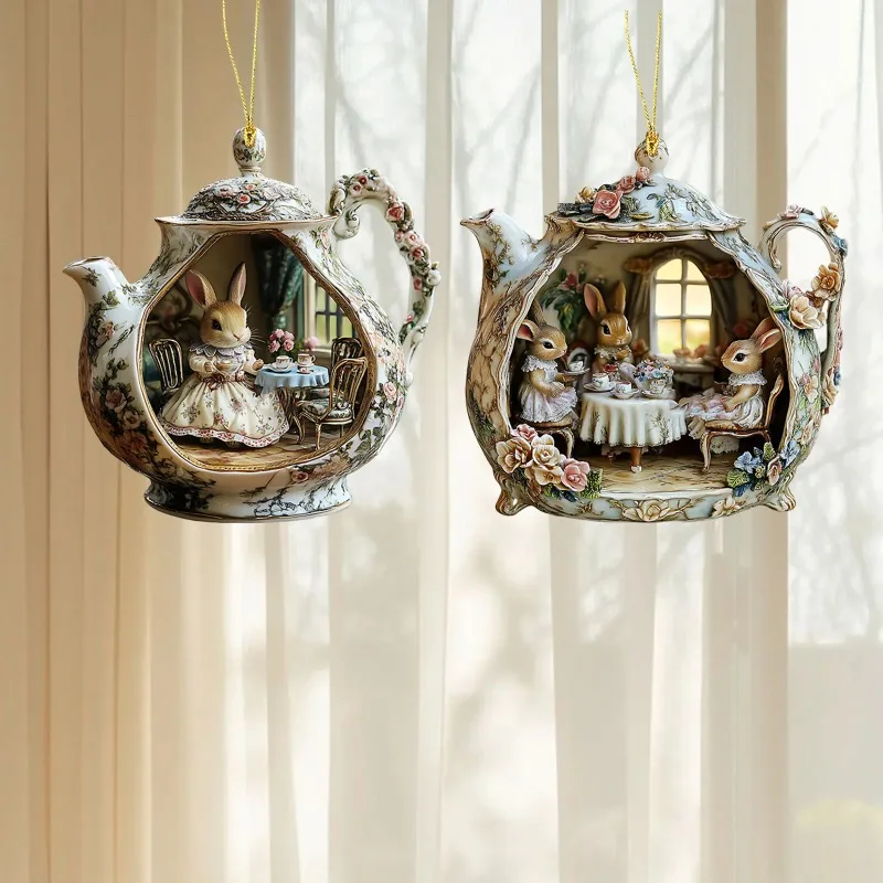 Rabbit in Teacup 2D Acrylic Pendant - Stained Glass Style Hanging Ornament for Backpack/Car Mirror/Window, Warm Home Decor