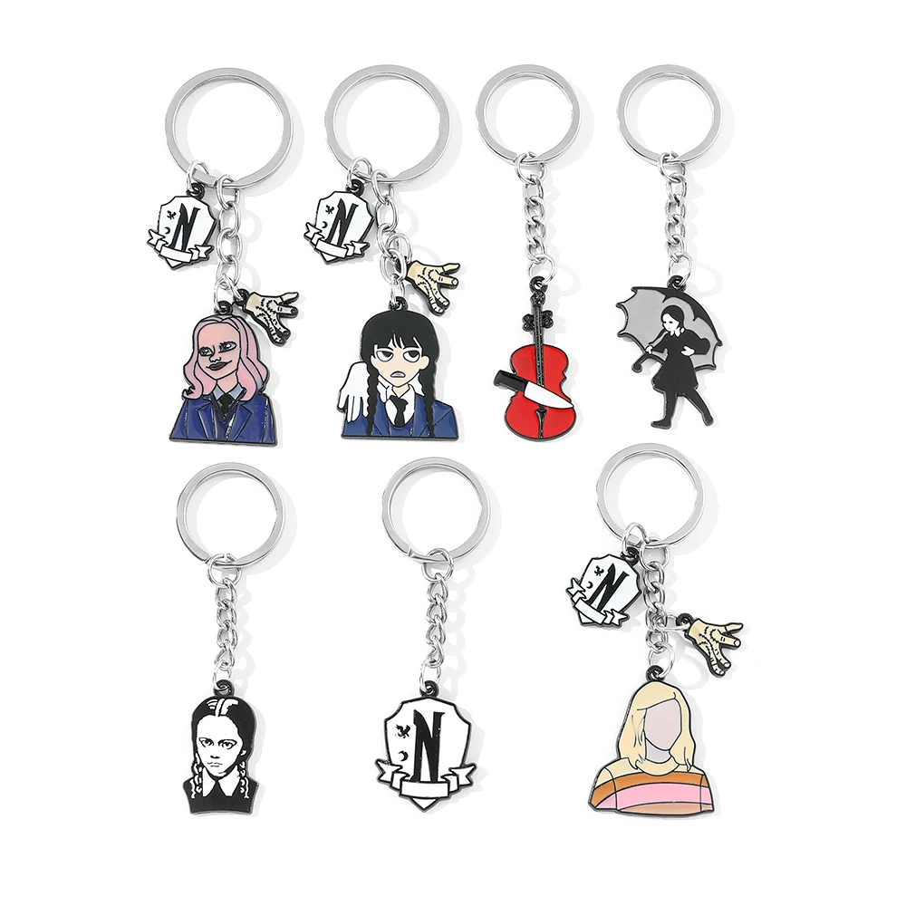 

Wednesday Addams Keychain Cute Cartoon Wednesday Nevermore Metal Pendant Keyring Car Backpack Key Holder Jewelry Accessories