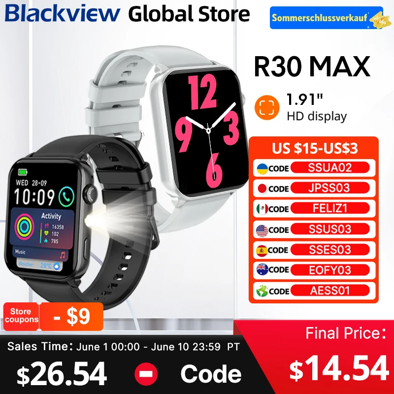 【World premiere】Blackview R30 Max Smartwatch 1.91" Bluetooth Phone Call Flashlight 350mAh Al Voice Assistant Sports watch