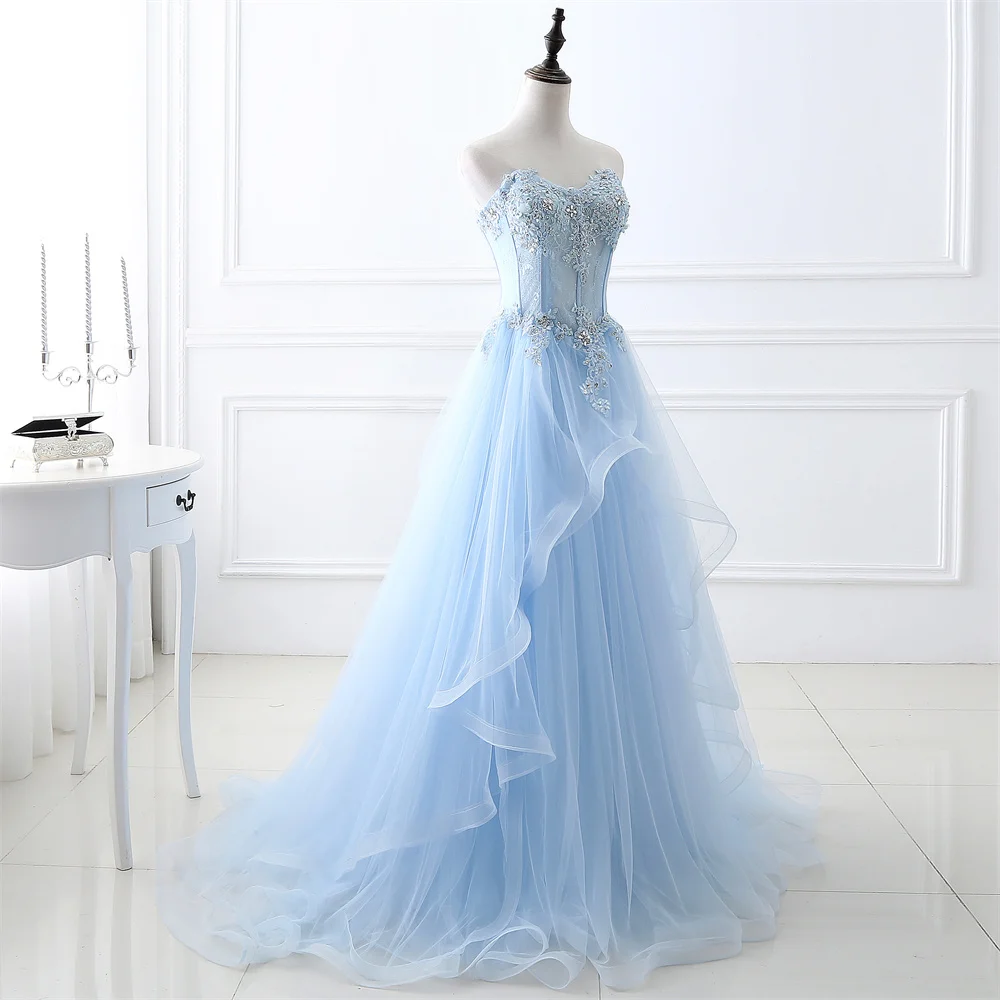 

Blue Color Applique Floor Length Minimalist style wedding Ball Party Dress up Guests in Formal Attire Evening Dress