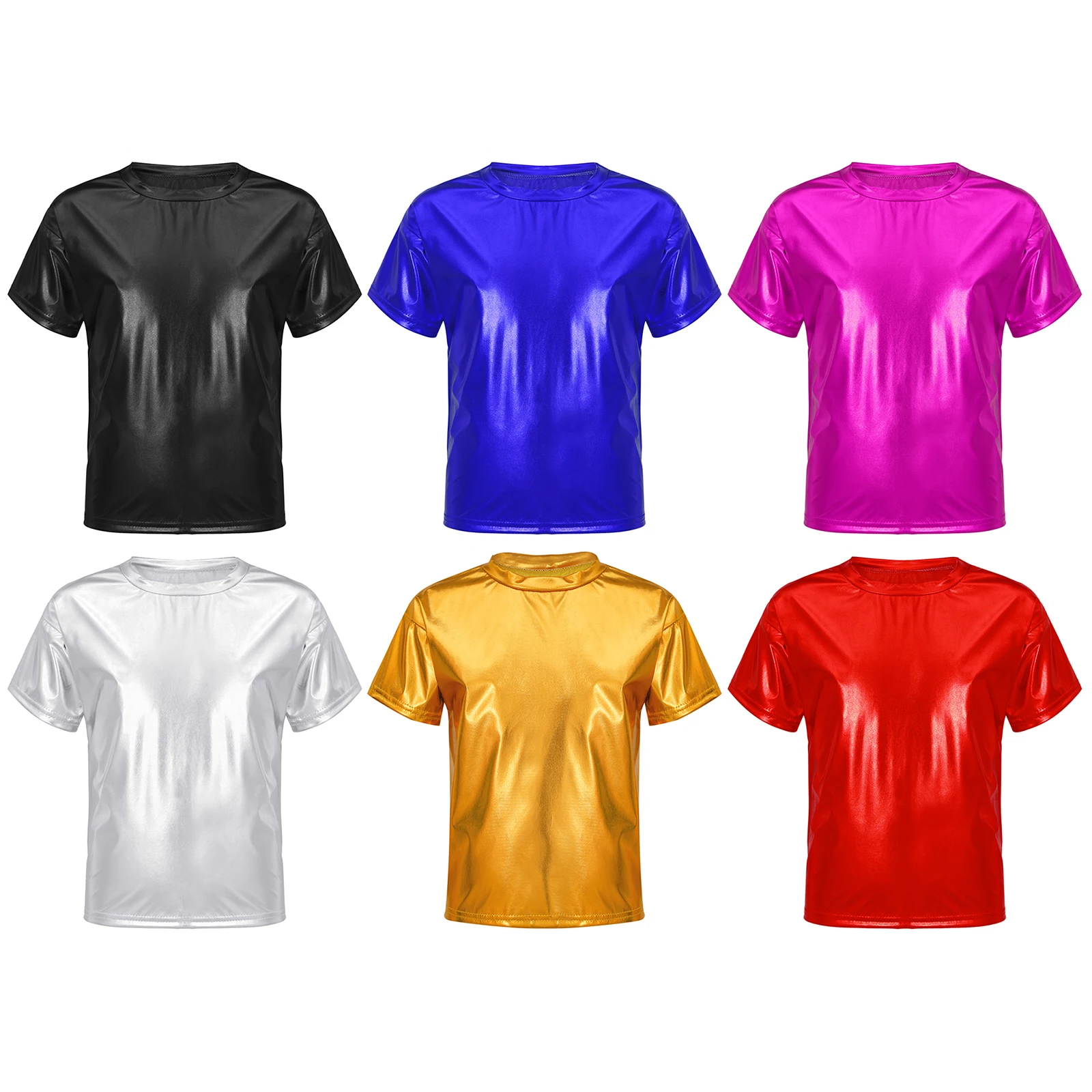 Kids Girls Boys Dance Tops Shiny Metallic Short Sleeve T-Shirt Jazz Hip Hop Street Dance Performance Blouse trendy children s street dance clothes boys hip hop children s jazz dance clothes girls hiphop show costumes autumn