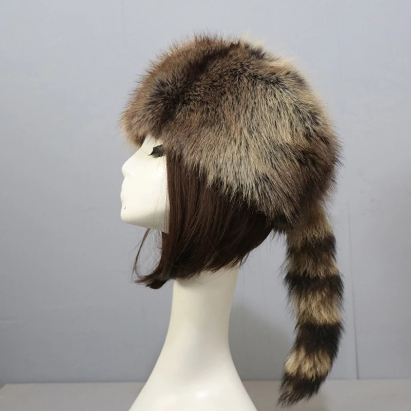 Adult Unisex Plush Flat Top Hat Russian Style Mongolian Hat with Raccoon Tail Woman Teens Casual Windproof Winter Keep Warm Cap