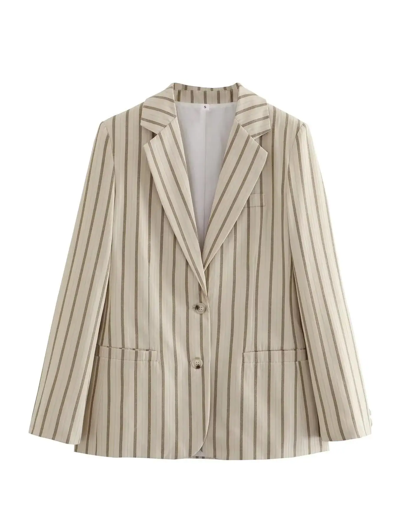 

Stylish Single Breasted Khaki Striped Women's Blazer Coat