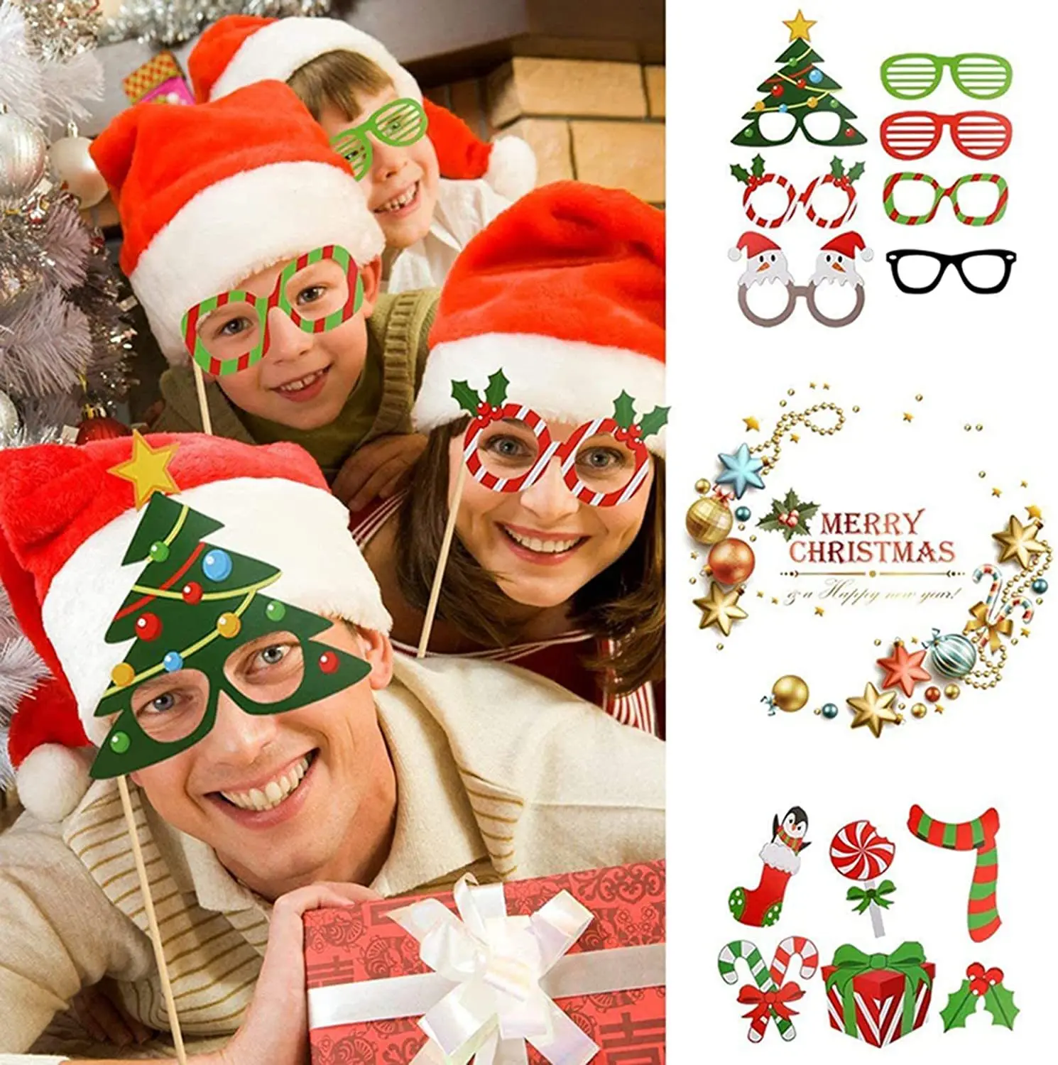 Christmas Photo Props Glasses Hat Kit Masks Lips Beard Snowman Santa Claus Kids Adult Favor Gifts Merry Christmas Party Decor