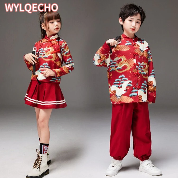 Boy Ancient Tang Costume Stage Clothing Red Chinese Style Printed Clothes Set Girl Hanfu Skirt Style Chinese New Year Outfit