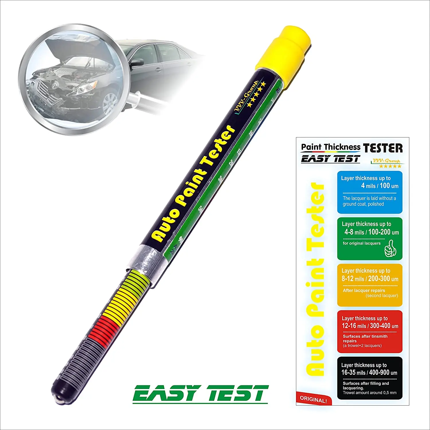 Paint Thickness Tester Meter Gauge Paint Coating Tester Car Body Damage Detector with Magnetic Tip Measurement Scale Crash-Test