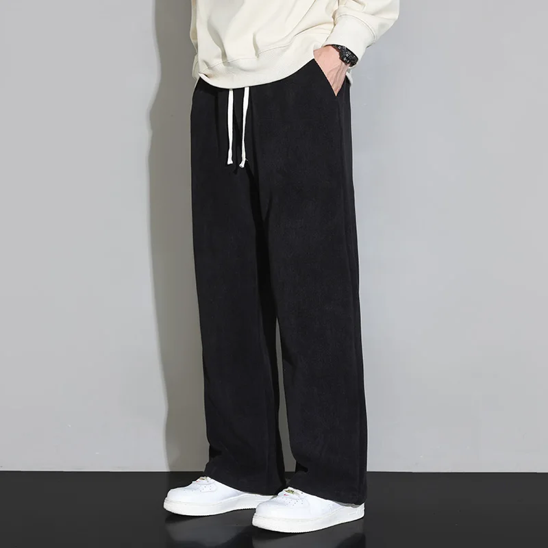 Men's Autumn Winter Drawstring Solid Elastic High Waisted Casual Straight Leg Wide Leg Mop Pants Fashion Casual Long Pants