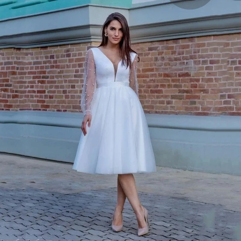 Romantic V- Neck Long Sleeve A-Line Short Wedding Dresses White Satin Tulle Pearls Vintage Bridal Gown Tea Length Party Dresses