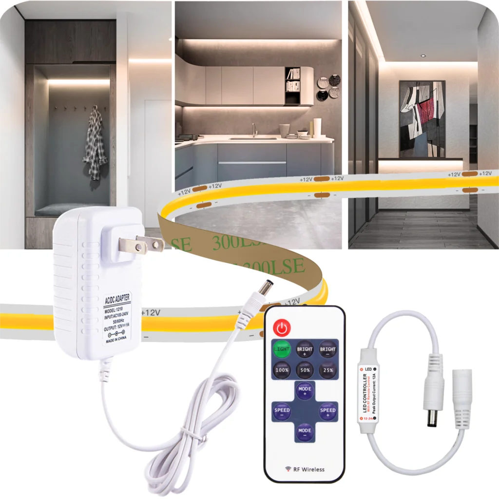 COB Led 스트립 테이프 빛 12V 320 leds/m 너비 8mm 어댑터 RF 원격 캐비닛 도어 터치 조광기 핸드 스윕 PIR 모션 센서