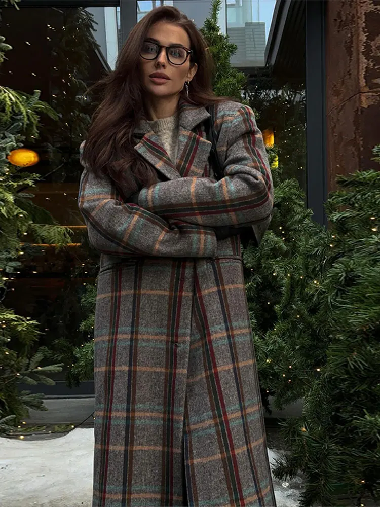 Women's Long Sleeve Lapel Fashion Coat Plaid Wool Long Coat