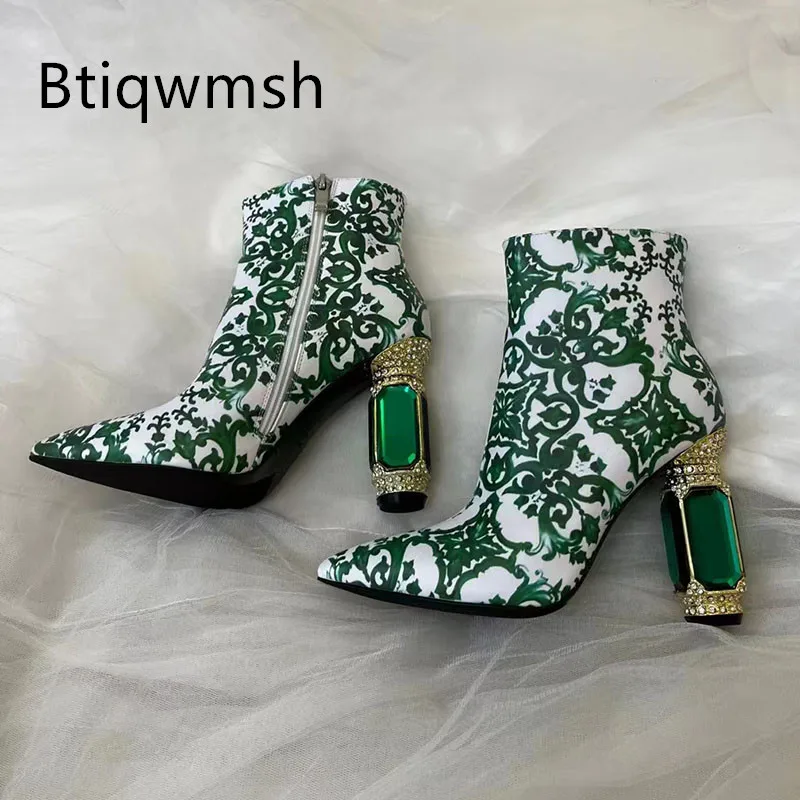 

Green And White Porcelain Ankle Boots Woman Pointed Toe Real Cow Leather Jewelled Strange High Heels Lady Sexy Party Shoes