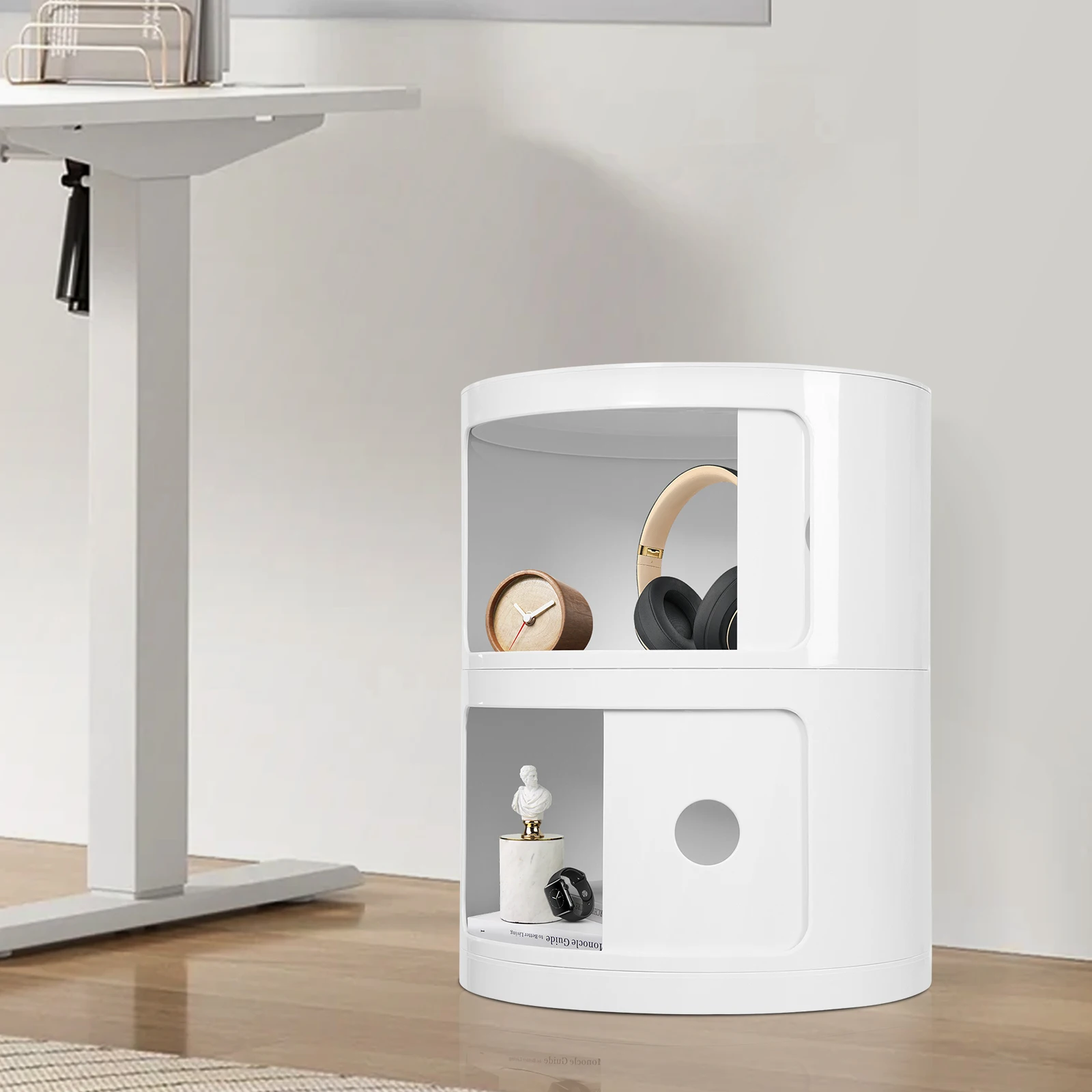 2 Tiers Round Bedside Cabinet Plastic Nightstand Storage Unit Drawers Modern End Table Bedside Table