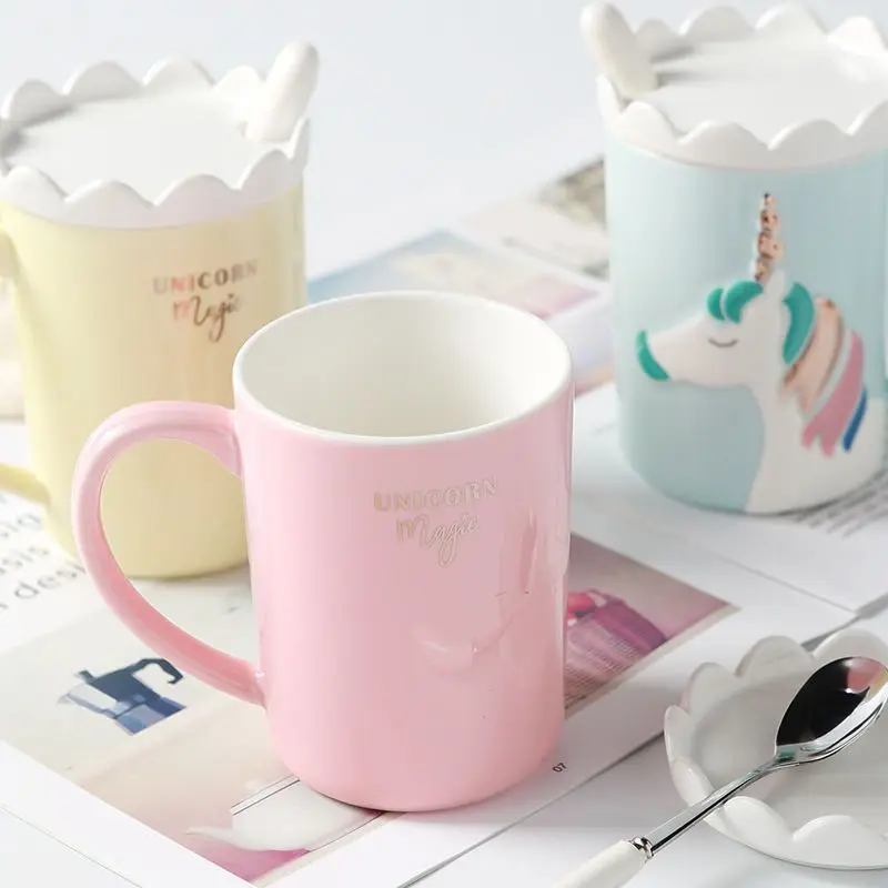 Einhorn Nordic Kaffeetasse, Trinkwasserbecher mit Deckel und Löffel, kreativer Roman, süßes Weihnachtsgeschenk für Frauen, Mädchen, 400 ml – Detail 3