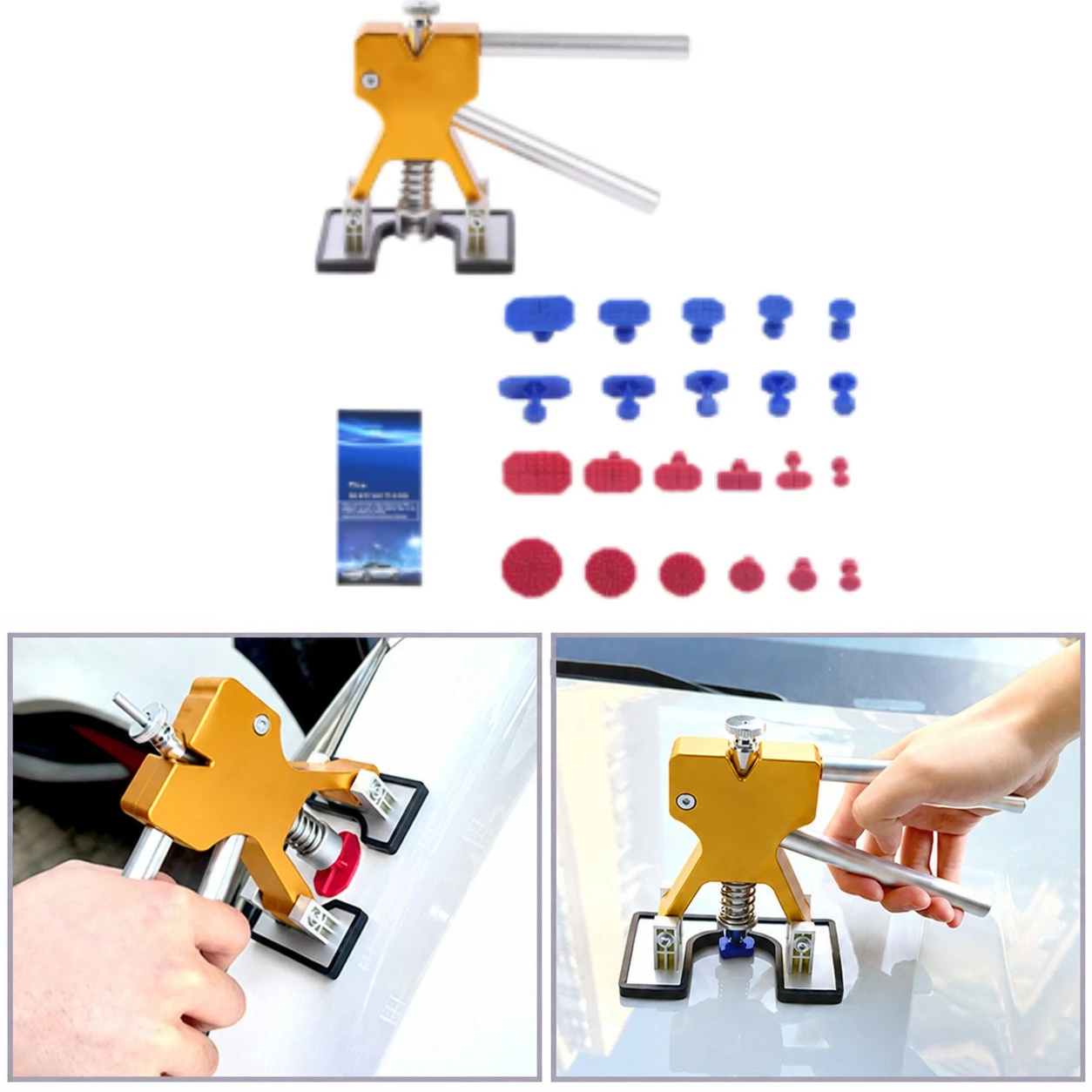 Strumenti per la riparazione di ammaccature su auto nuove, inclusi un kit di riparazione ammaccature senza vernice e kit di rimozione per ammaccature della carrozzeria.