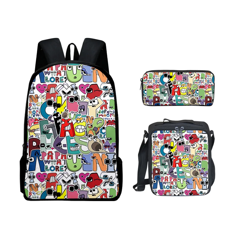 3pcs/set 3D Alphabet Lore Backpack Primary Middle School Boys Girls Students Cartoon Anime School Bag Lunch Bag Pencil Case