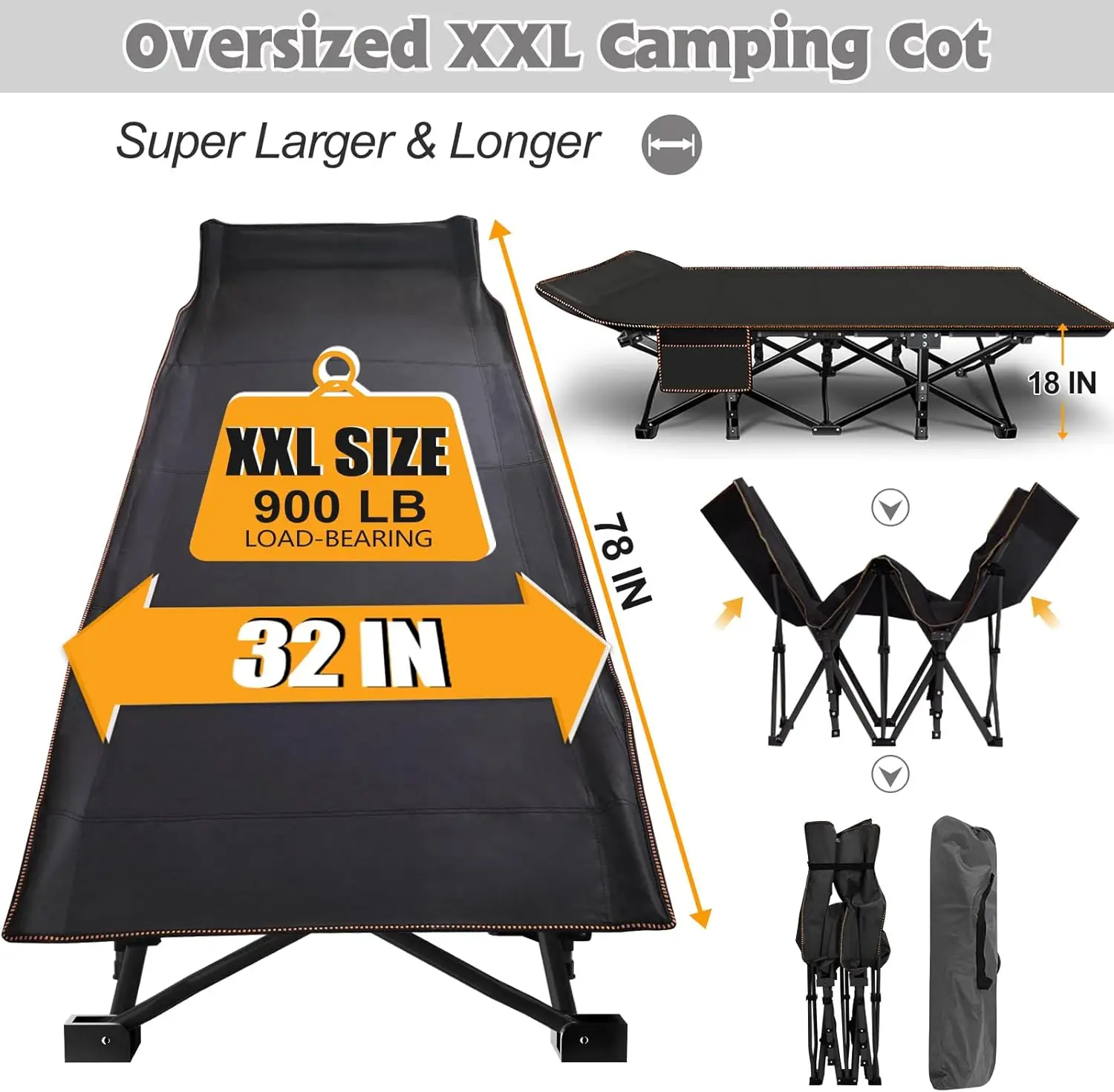 Oversized XXL Folding Camping Cot W/Mat for Adults, 78" L x 32" W x 18" H, Heavy Duty Outdoor Bed with Carry Bag