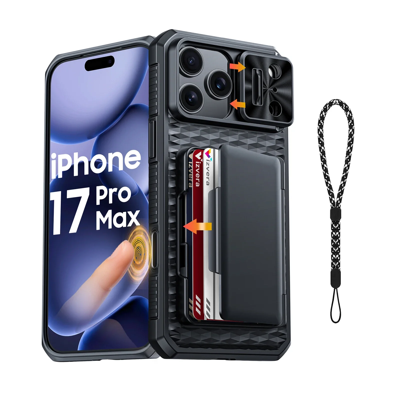 Sleek Black Phone Case with Card Holder, Sliding Camera Cover, and Stand