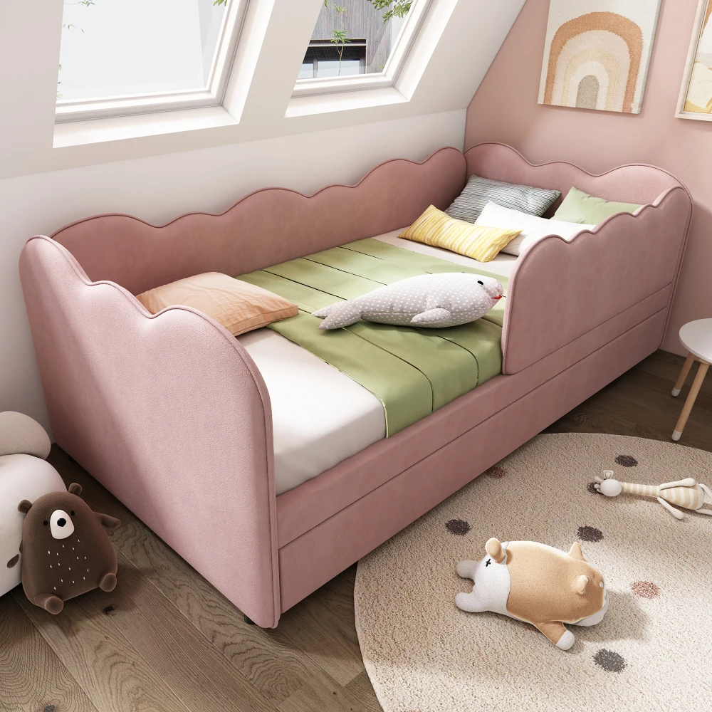 Gepolstertes Tagesbett 90x190cm, Tagesbett Schlafsofa mit ausziehbarem Bett 90x190cm, Kinderbett mit Gitter ohne Matratze – Detail 38