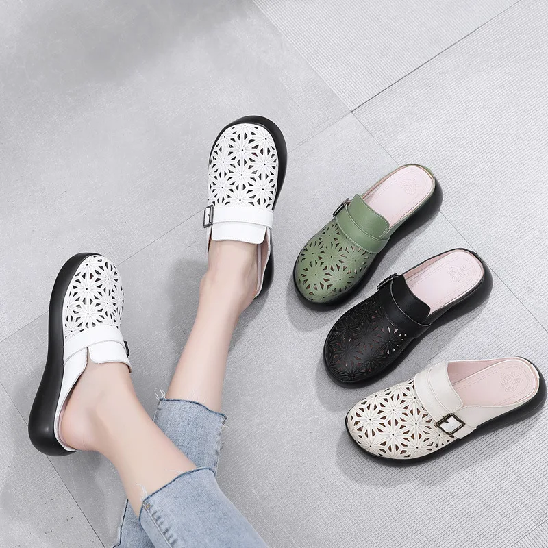 Mules Femme En Cuir Pour Pieds Larges - Sandales Compensées Confortables - Sabot Jardin Été Respirant