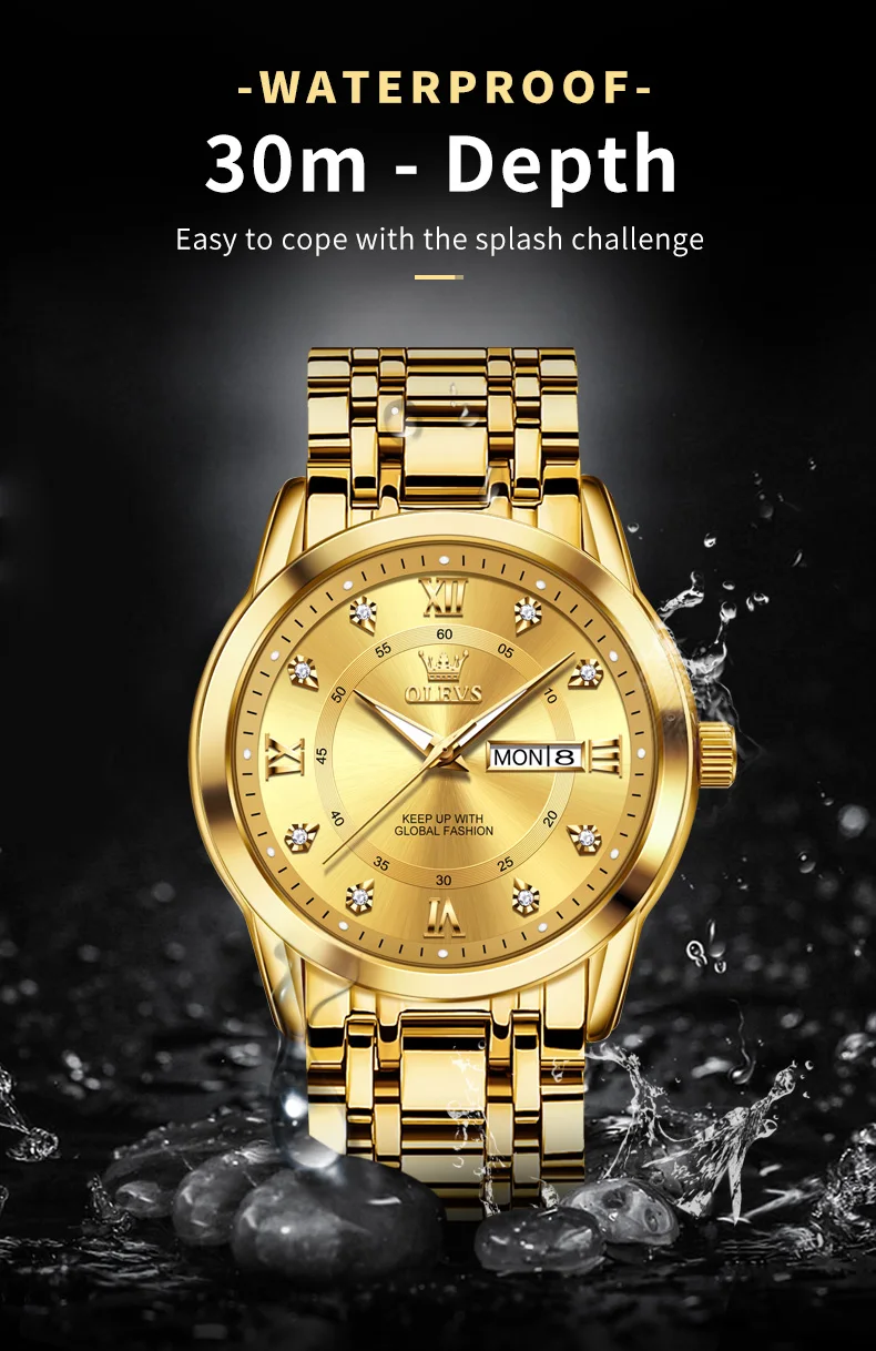Olevs quarz uhr für männer luxus diamanten gold uhr wasserdicht leuchtend edelstahl business herren quarzuhr herren uhr – Detail 13