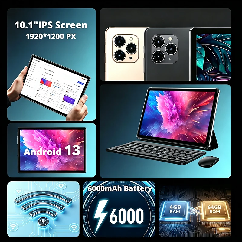 새로운 10.1인치 태블릿 글로벌 버전 안드로이드 13 옥타 코어 4GB 램 64GB 롬 4G LTE 듀얼 SIM HD 태블릿 PC 6000mAh