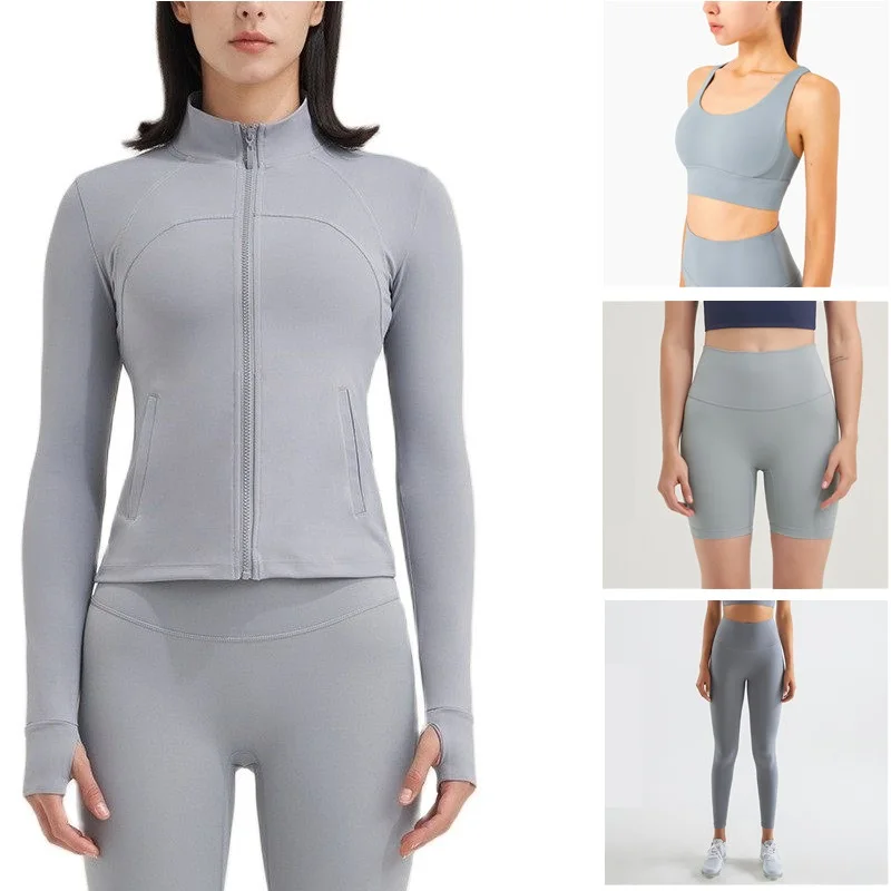 

High Quality Solid Color Women Gym Fitness Set Four-piece Cross Bra +yoga Legging+ride Short+sport Jacket Comprehensive Training