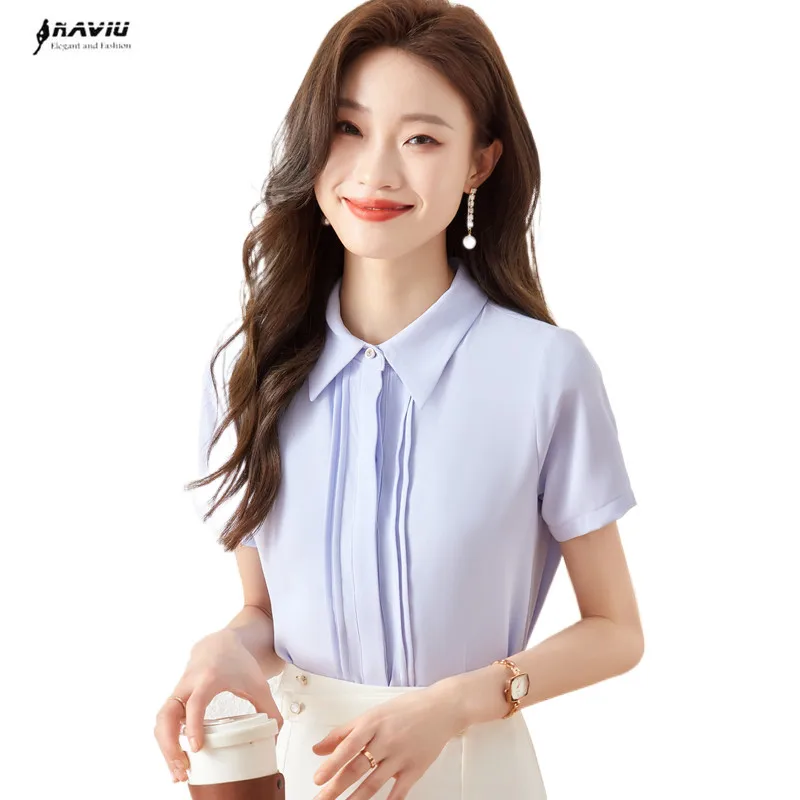 

Модная женская рубашка NAVIU с коротким рукавом, новые летние профессиональные деловые шифоновые облегающие блузки, офисные женские топы для работы, белые