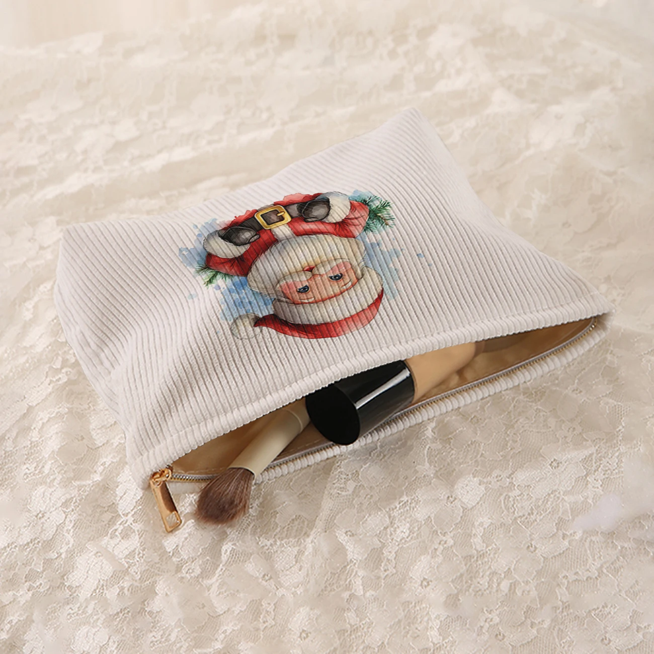 1 Christmas themed corduroy makeup bag, lightweight zipper makeup storage box, multifunctional bag with lining