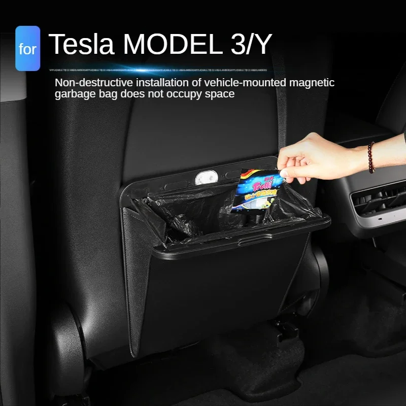 For Tesla Model 3 Y Garbage Bag Waterproof Magnetic Adsorption Trash Can with LED Leak-proof Back Seat Hanging Storage Box