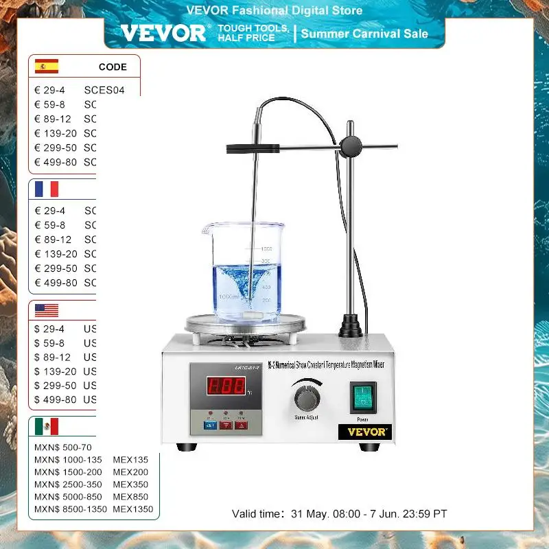 VEVOR 1L Heating Magnetic Stirrer Hot Plate W/ Stir Bar 0-2000R/Min Vortex Mixer Distillation Kit Chemistry Laboratory Equipment