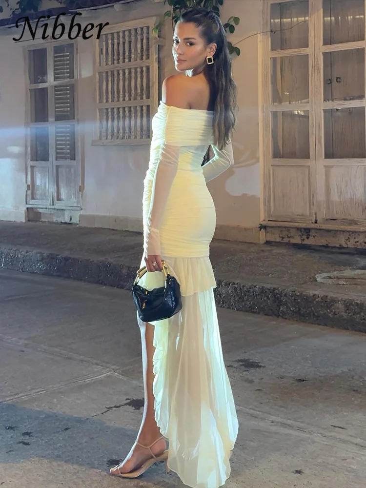 Nibber Elegant Sexy Dress Dress Women Folds Slash Neck Irregular Hem Side  Tassel Birthday Party Full Sleeve Ruched Mini Bodycon - AliExpress 200000345