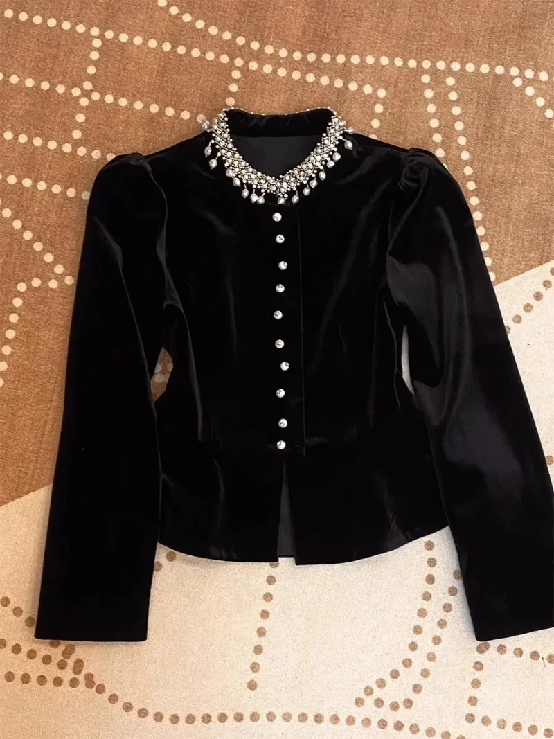 2025 Blouses for Women Black Heavy Beading O-neck Puff Sleeve Shirts Blusas Mujer De Moda Slim Fit Velvet Vintage Blouse Tops
