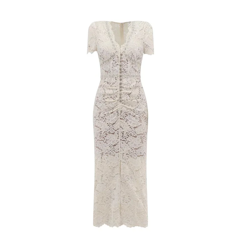 Pleated Frill Detail V Neck Retract Your Waist Bridesmaids Midi Dress In White