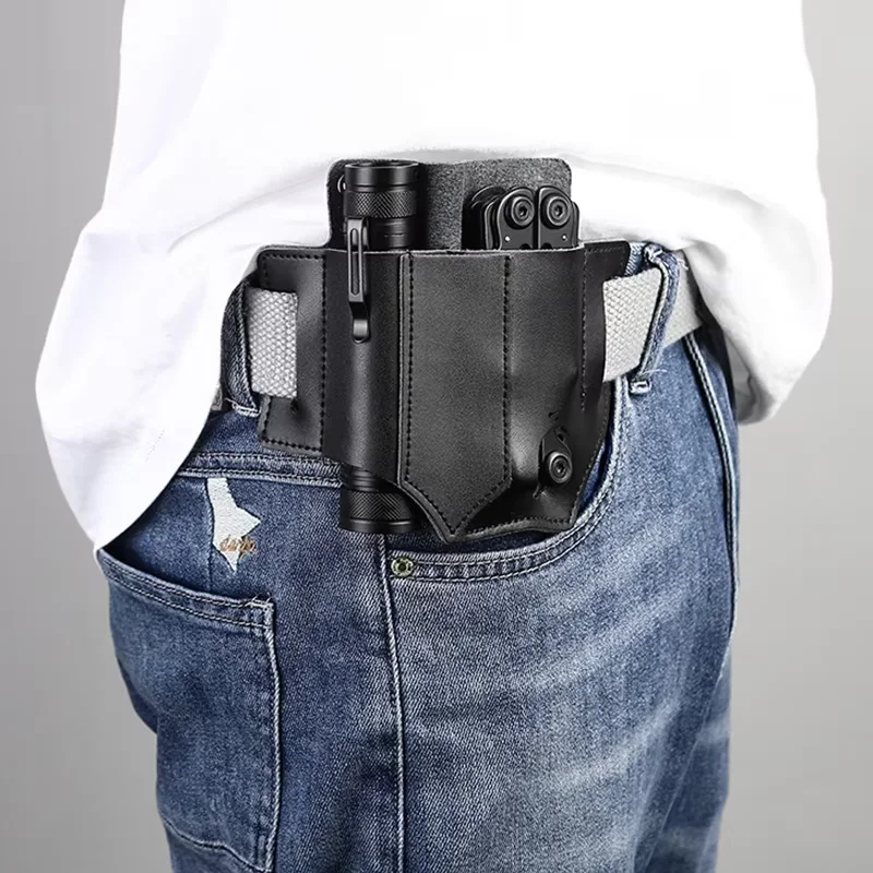 Outdoor Leather EDC Tool Knife Sheath Pockets Multitools Holder Essentials Organizer Belt Pouch Pocket Hunt Portable Flashlight 5