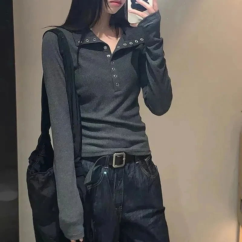Fall Winter Long Sleeve Knit Pullovers Woman Y2K High Street Button Up Sweaters for Women Vintage Gray Ribbed Bottoming Tops 3
