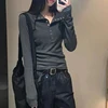 Fall Winter Long Sleeve Knit Pullovers Woman Y2K High Street Button Up Sweaters for Women Vintage Gray Ribbed Bottoming Tops 3