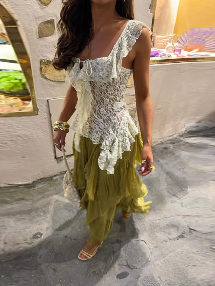 Irregular Ruffles Hollow Out Top Skirt Suits Women Sexy Sleeveless